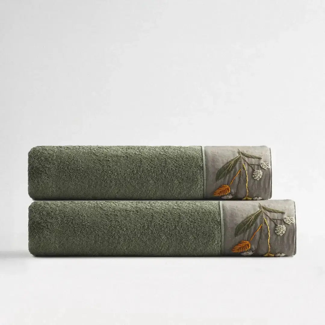 Lot de 2 Serviettes de Bain - Farah - Femme, 100% Coton Bio, Brodées Main, Vert Wivanco Literie