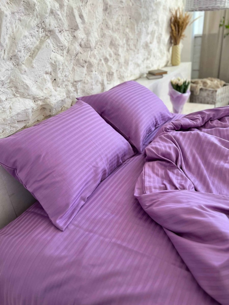 Pościel Satynowa w Paski – Fioletowa, 100% Bawełna Turecka, 140g, Luksus Hotelowy