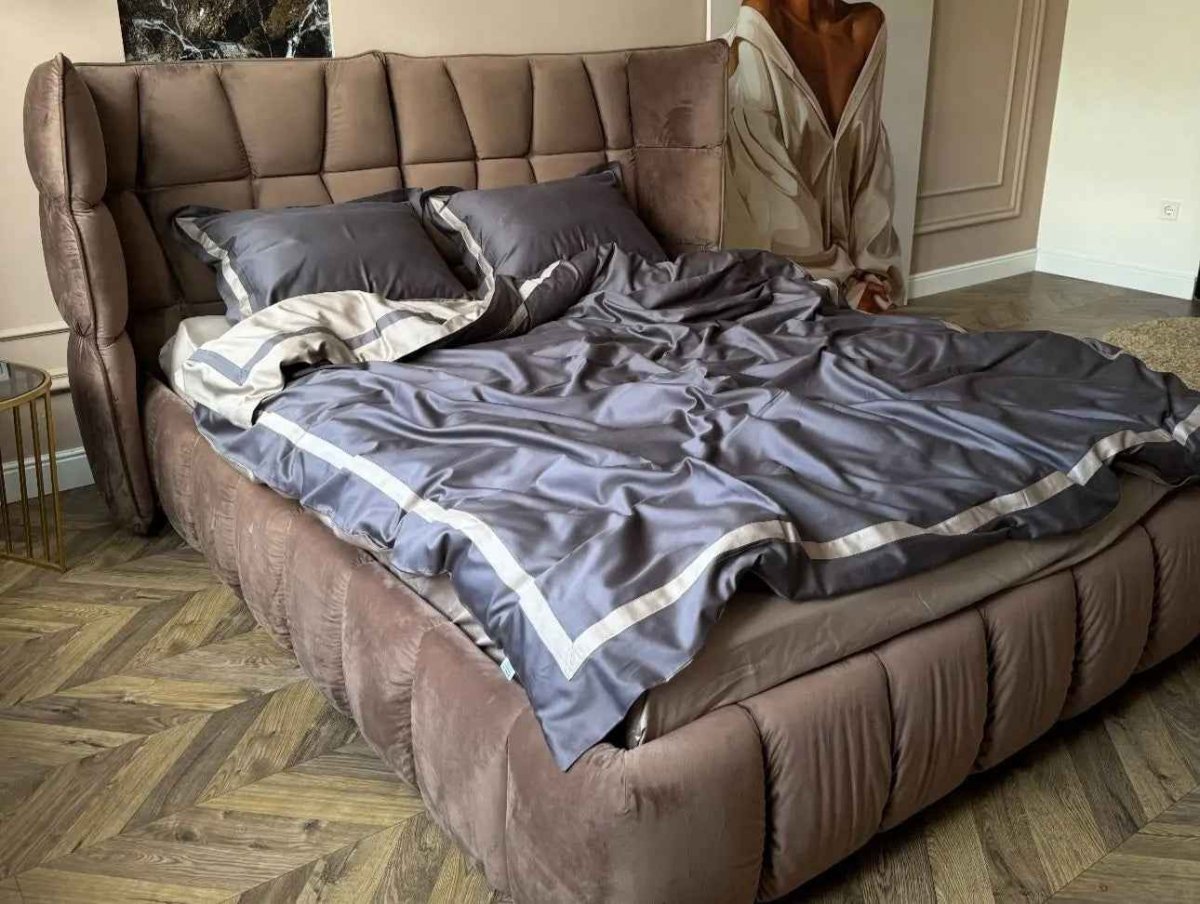 Literie en Satin Mercerisé – Bleu Argent & Champagne, 100% Coton Turc, 140 g/m², Édition Exclusive
