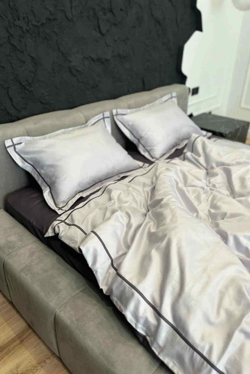 Literie en Satin Mercerisé – Gris Argenté & Asphalte, 100% Coton Turc, 140 g/m², Édition Exclusive