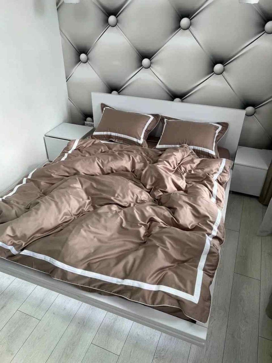Literie en Satin Mercerisé – Cacao & Blanc, 100% Coton Turc, 140 g/m², Édition Exclusive