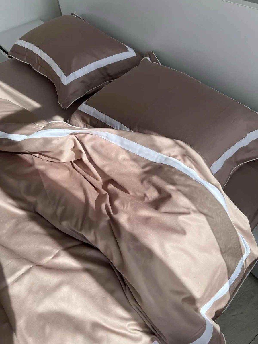 Literie en Satin Mercerisé – Cacao & Blanc, 100% Coton Turc, 140 g/m², Édition Exclusive
