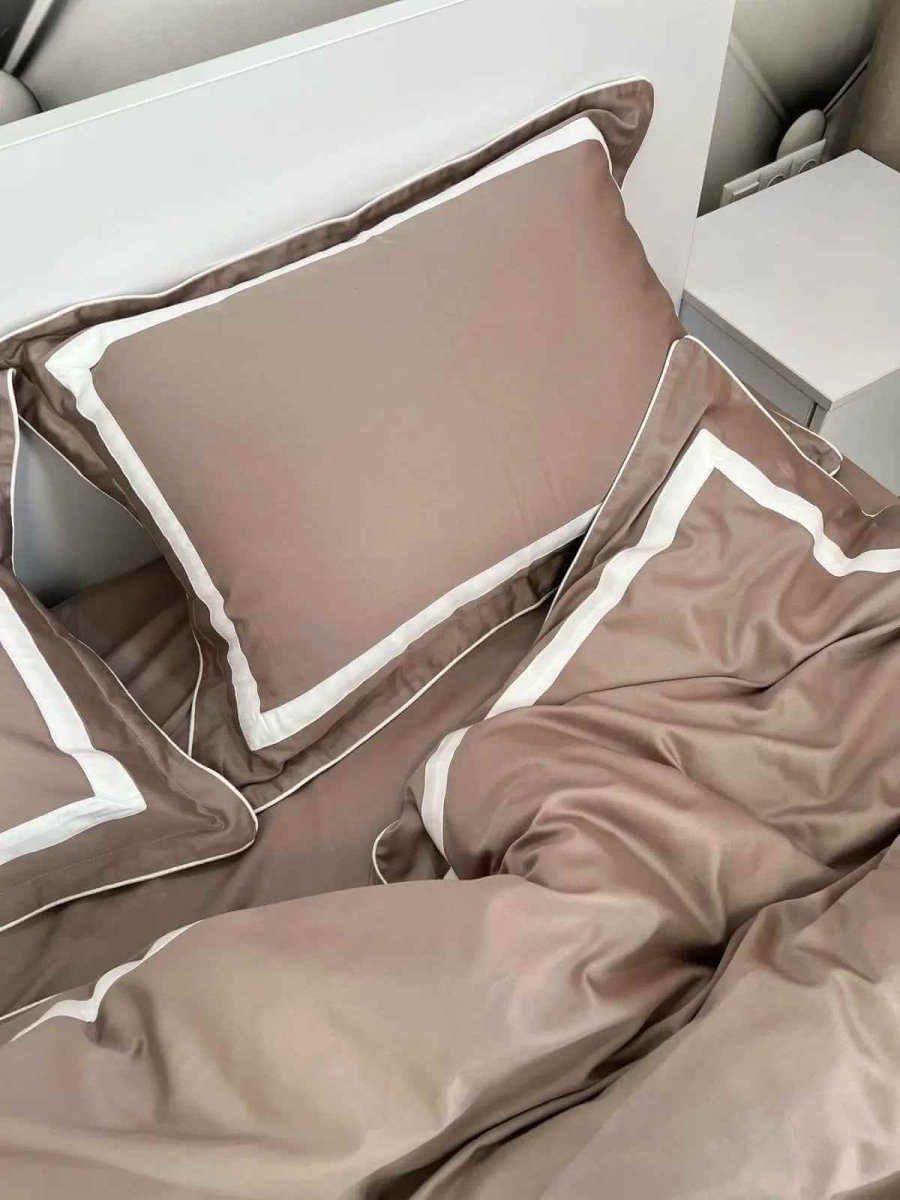 Literie en Satin Mercerisé – Cacao & Blanc, 100% Coton Turc, 140 g/m², Édition Exclusive