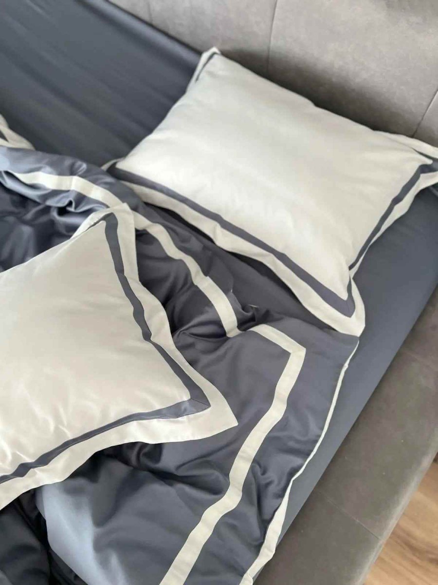 Literie en Satin Mercerisé – Gris & Blanc, 100% Coton Turc, 140 g/m², Édition Exclusive