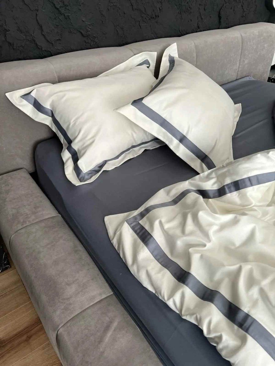 Literie en Satin Mercerisé – Gris & Blanc, 100% Coton Turc, 140 g/m², Édition Exclusive