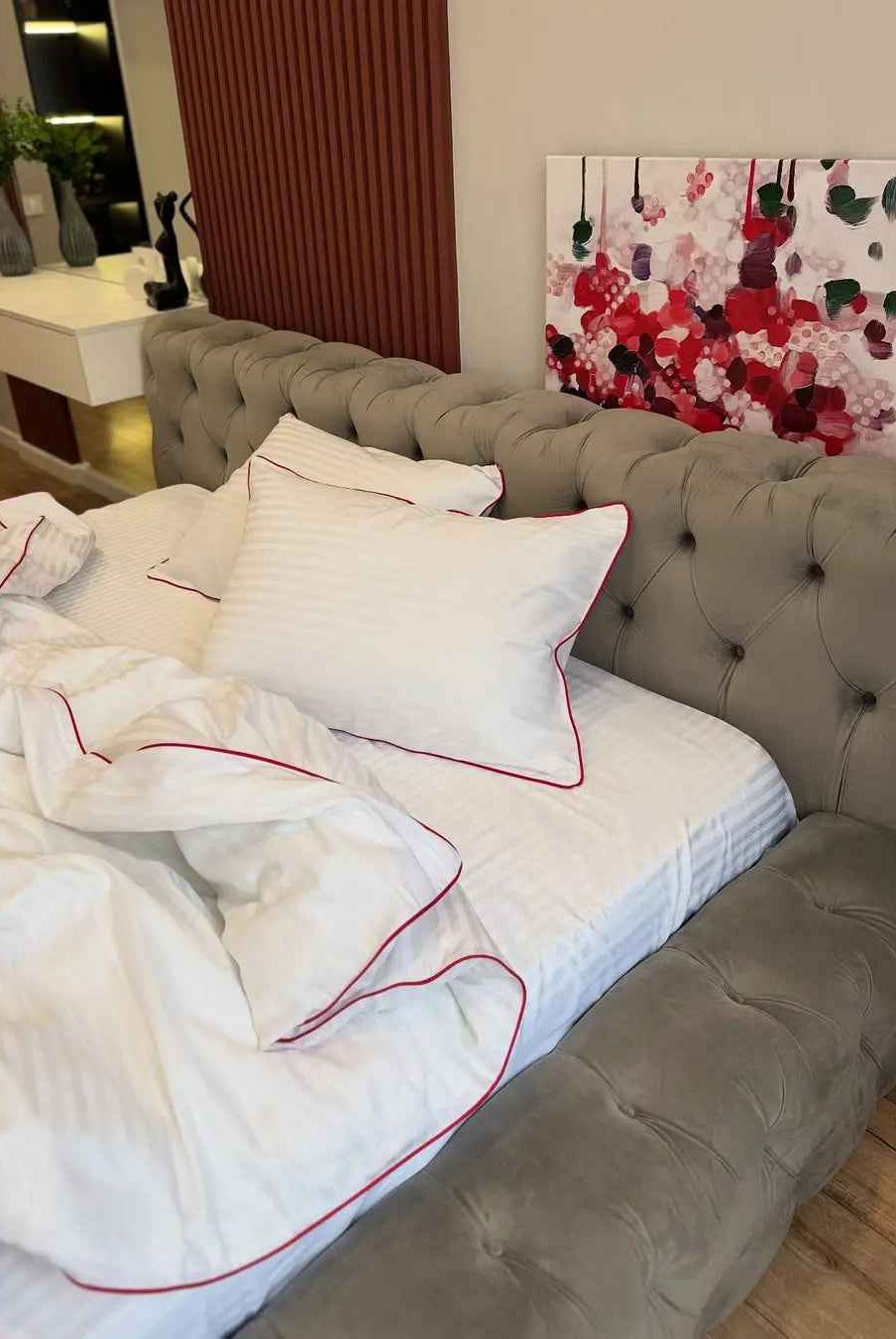 Literie en Satin Mercerisé Rayé Rouge - Blanc, 100% Coton Turc, 140 g/m², Collection Premium