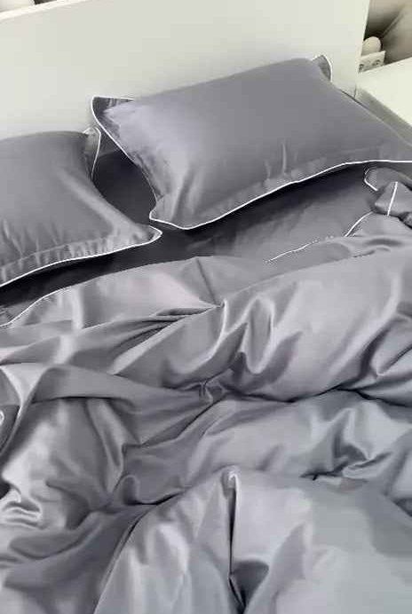 Parure de lit en satin mercerisé – Gris argenté avec bordure blanche, 100 % coton turc, 140 g/m², édition exclusive