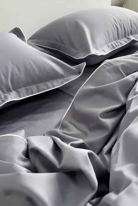 Parure de lit en satin mercerisé – Gris argenté avec bordure blanche, 100 % coton turc, 140 g/m², édition exclusive