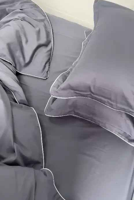 Parure de lit en satin mercerisé – Gris argenté avec bordure blanche, 100 % coton turc, 140 g/m², édition exclusive