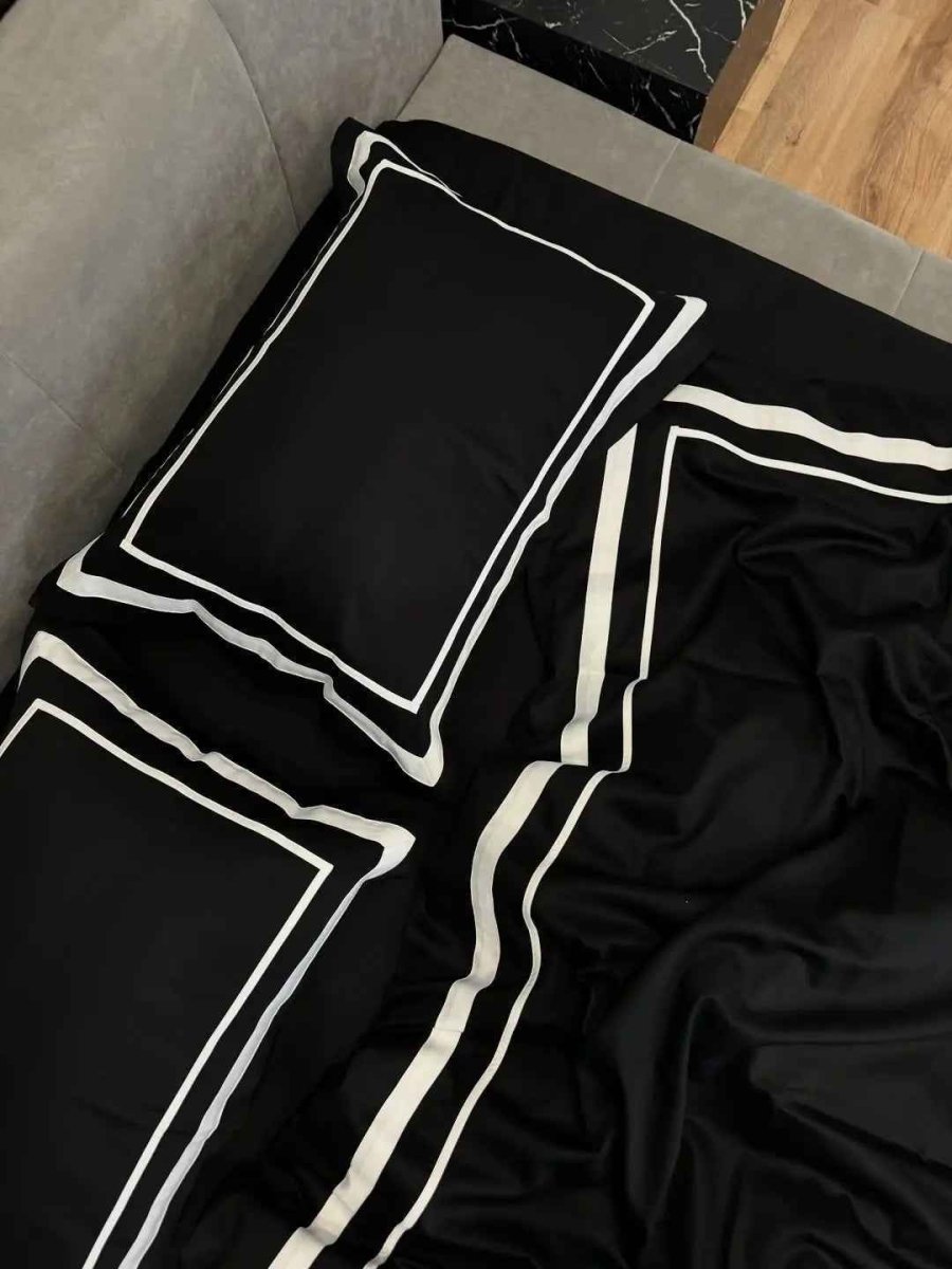 Literie en Satin Mercerisé – Noir & Blanc, 100% Coton Turc, 140 g/m², Édition Exclusive