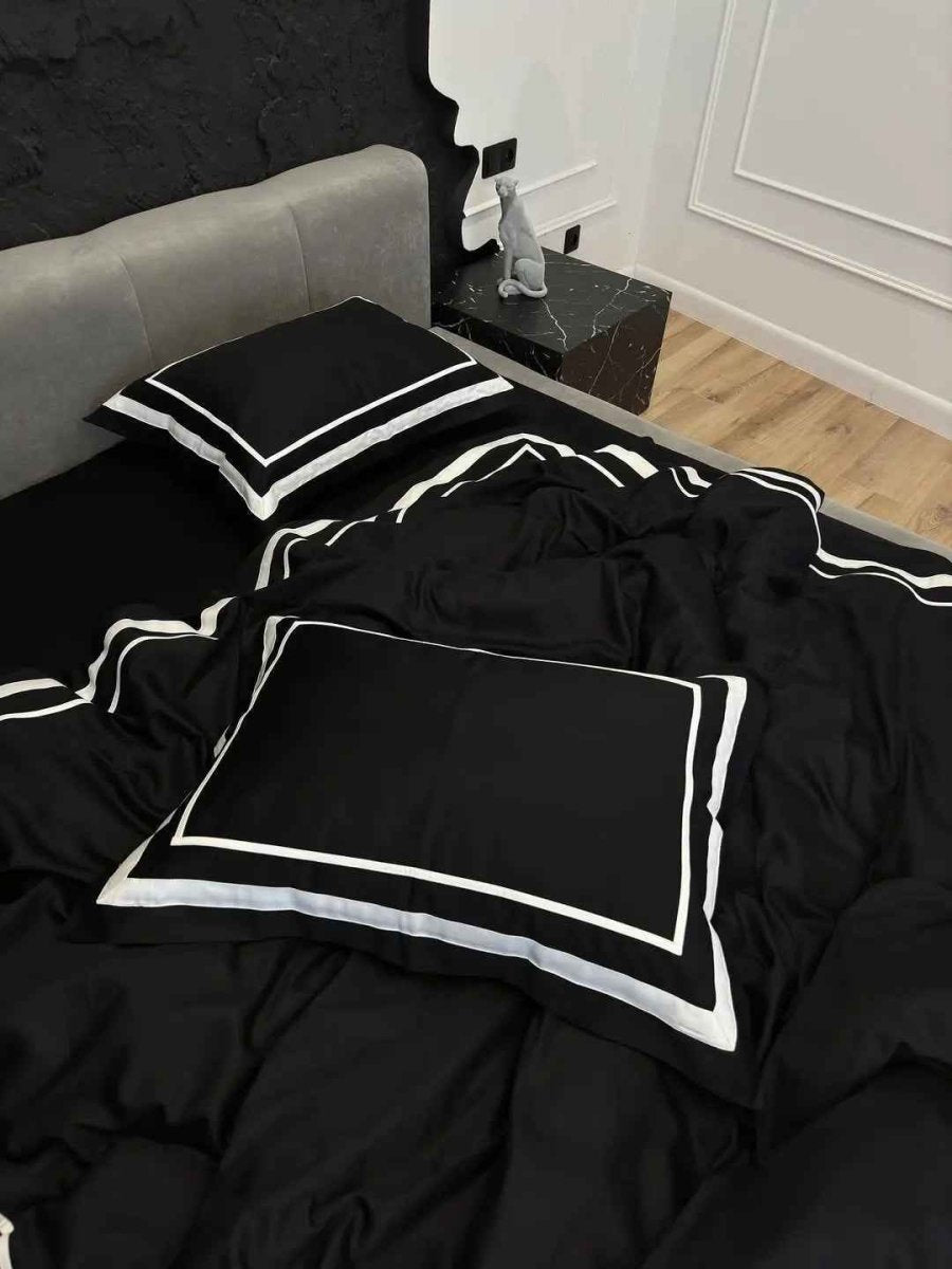 Literie en Satin Mercerisé – Noir & Blanc, 100% Coton Turc, 140 g/m², Édition Exclusive