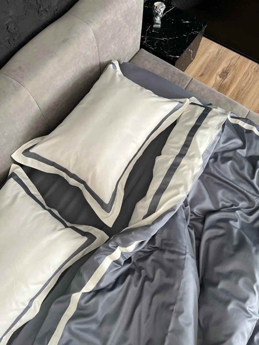 Literie en Satin Mercerisé – Gris & Blanc, 100% Coton Turc, 140 g/m², Édition Exclusive