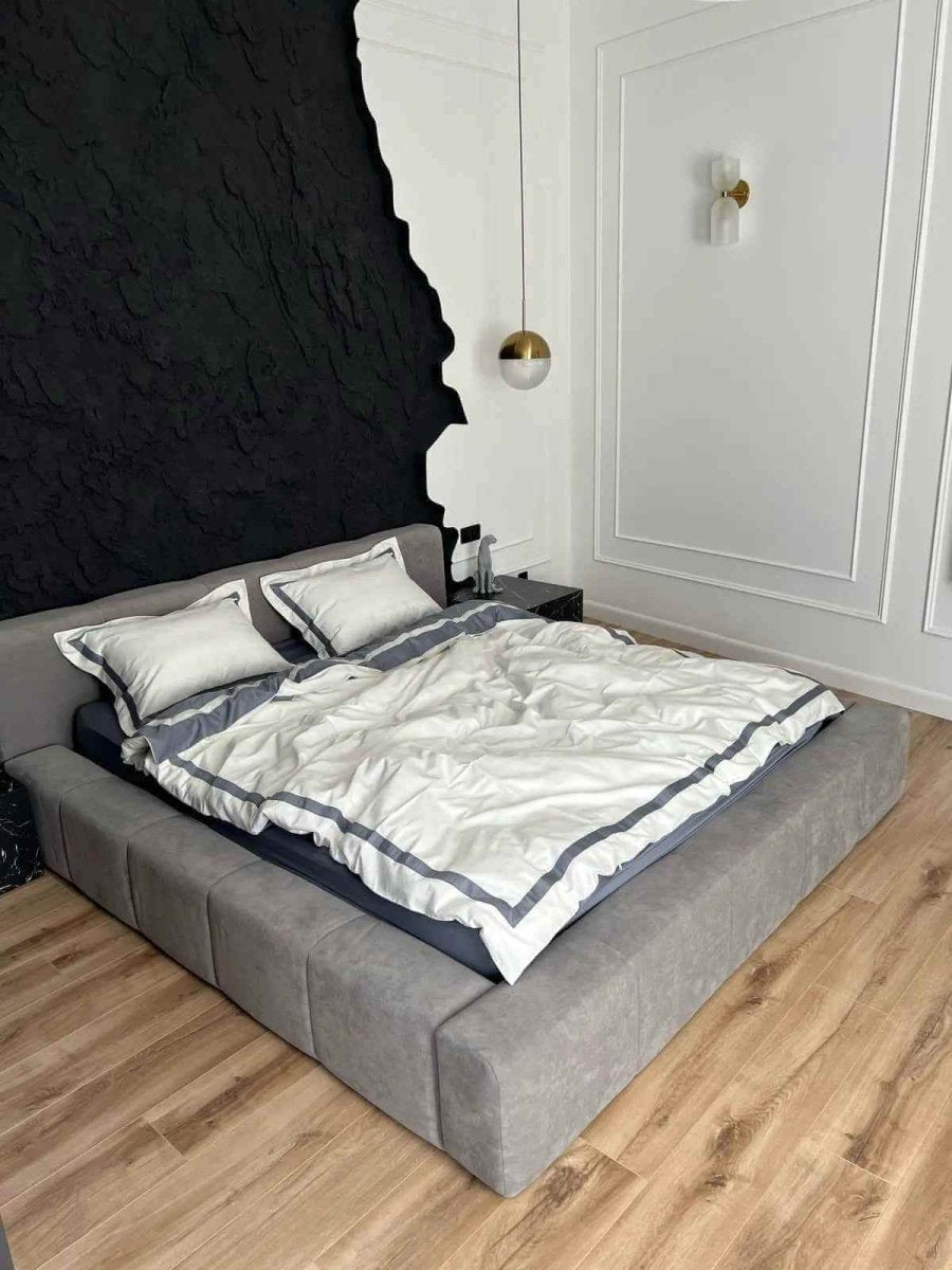 Literie en Satin Mercerisé – Gris & Blanc, 100% Coton Turc, 140 g/m², Édition Exclusive
